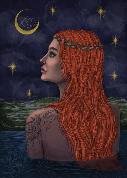 Canlı bir illüstrasyon. Çiçekli taçlı kızıl saçlı bir kadın. Hilal ayına bakıyor. Sudan çıkıyor, yıldızlı, fırtınalı bir gökyüzünün altında, sırtına tapan karmaşık dövmelerle..