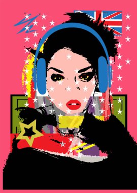 Kulaklıklı seksi kız müzik dinliyor. Pop sanat partisi geçmişi, İngiliz bayraklı pembe renk..