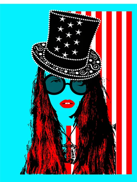 American Flag Background Usaともにセクシー女の子長い髪身に着けているサングラスとシリンダー帽子で星 — ストックベクタ