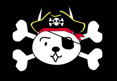 Korsan Kedi karakteri karikatür el çizimi kafatası ve kemik çizimi 