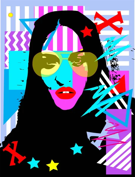 Menina Muçulmana Bonita Com Óculos Sol Colorido Pop Arte Fundo — Vetor de Stock