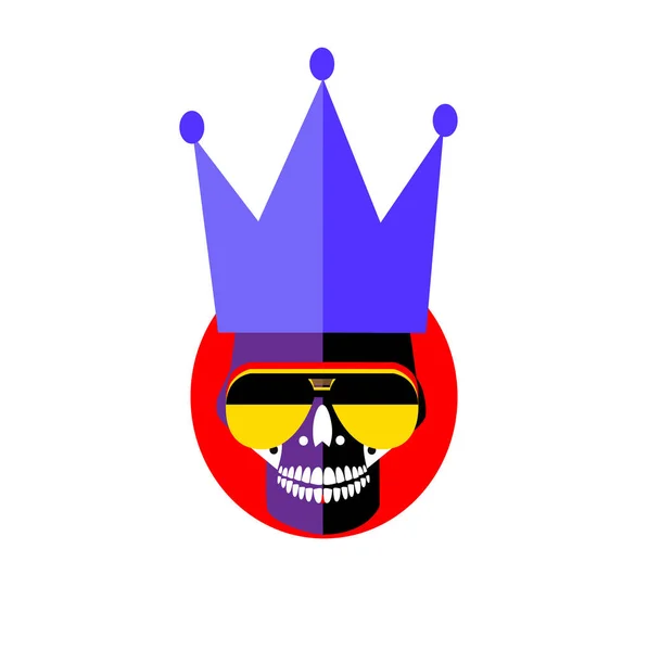 带有紫色皇冠和黄色太阳镜的国王骷髅涂鸦扁平风格 矢量图解 — 图库矢量图片