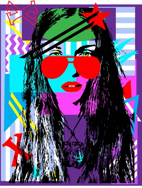 Сексуальная Девушка Солнечных Очках Красных Губах Фиолетовых Волосах Красота Мода — стоковый вектор