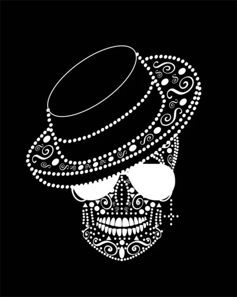 Vector Cráneo Blanco Negro Con Sombrero Gafas Sol Blancas Pendientes — Archivo Imágenes Vectoriales