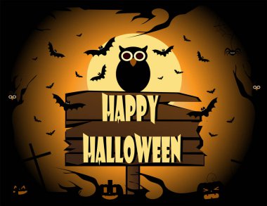 Baykuşlu Cadılar Bayramı arkaplanı, yarasalar ve ay ışığı. Korku vektörü illüstrasyonu turuncu. 