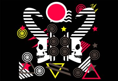 Renkli yaratıcı eğlence afişi. Kafatası simgeleri ve geometrik elementlerle soyut arkaplan, pembe ve sarı renk.