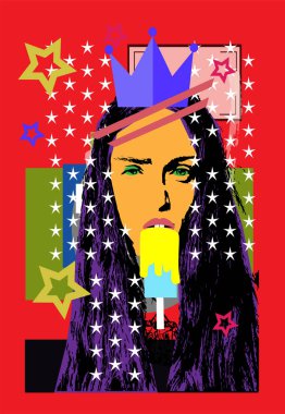 Taclı kraliçe, dondurma yiyor. Pop sanat arka planı