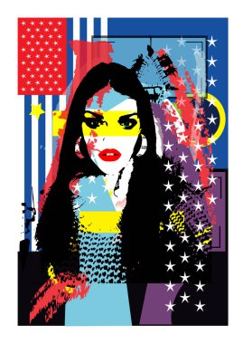 Pop Art Woman ve American Flag. Bu pop sanat görüntüsünde uzun siyah saçlı ve kırmızı dudaklı bir kadın canlı ve soyut bir arkaplana sahip.. 
