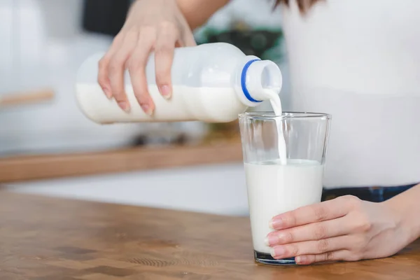 Close Hands Woman Pour Pasteurized Milk Glass — Foto Stock