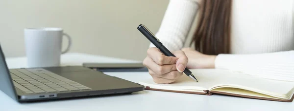 Closeup Hand Woman Writing Ideas Notebook — Fotografia de Stock