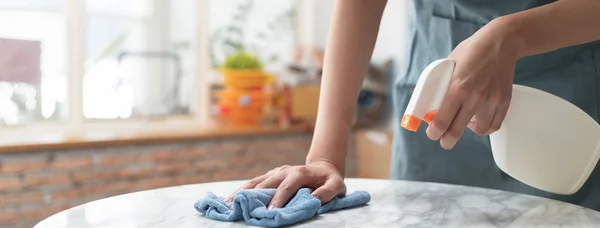 Asian Woman Cleaning Table Surface Towel Spray Detergent — Foto Stock