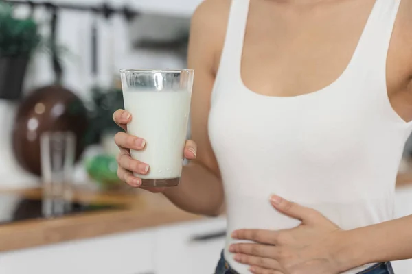 Lactose Intolerance Concept Woman Holding Glass Milk Having Stomachache — Stock Photo, Image