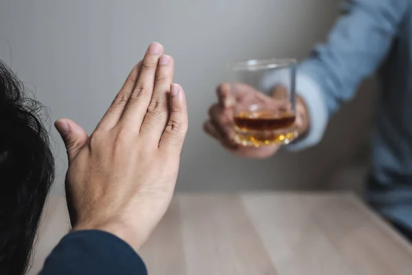 Drunk Men Deny Drinking More Glass Whisky Pushing Away — Stock Photo, Image