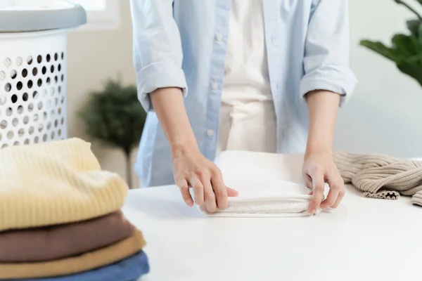 Laundry Household Work Concept Asian Woman Working Fresh Clean Clothes — kuvapankkivalokuva