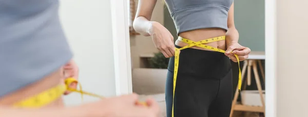 Young Slim Woman Measuring Her Waist Measure Tape Diet — Stok fotoğraf