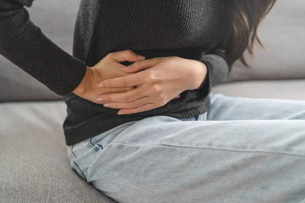 Close Woman Suffering Stomach Pain Food Poisoning — Stockfoto