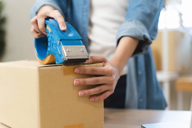 Young Asian woman owner of small online store packing customer orders in the home office.