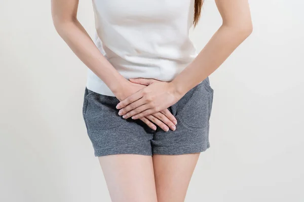 Woman Having Painful Lower Stomach Hands Holding Pressing Her Crotch — Foto de Stock