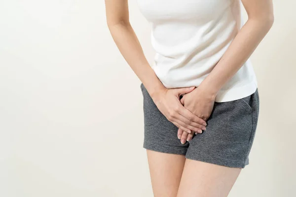 Woman Having Painful Lower Stomach Hands Holding Pressing Her Crotch — Stock Photo, Image