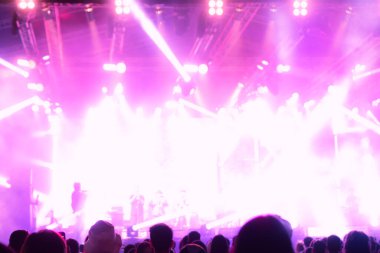 silhouettes of concert and people crowd in front of bright stage lights and blurry people on stage.