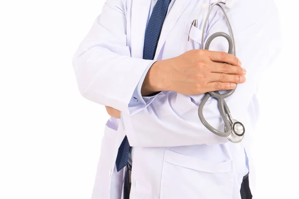 Close Hand Male Doctor Holding Stethoscope Arm Isolated White Background — Stock Photo, Image