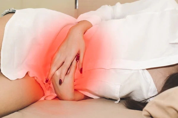 Beautiful Young Asian Woman Laying Bed Suffering Abdominal Pain Female — Foto de Stock