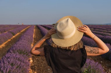 unrecognizable woman contemplating lavender fields at sunset