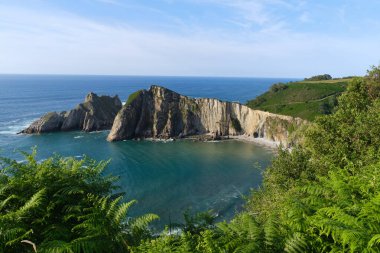 Kayalıkların arasına gizlenmiş kumsal, kaya oluşumları ve bol bitki örtüsüyle çevrili. playa del silencio, Asturias