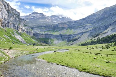 Picturesque view of huge rocky mountains with steep slopes in Ordesa y Monte Perdido National Park with narrow creek water flowing along lush green grass meadows in sunny daylight clipart