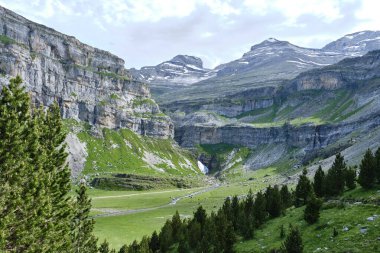 Arkasında Cola de Caballo şelalesi olan Ordesa Vadisi. Huesca, Aragon, İspanya