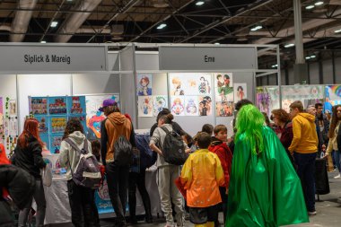 Madrid, Spain, February 11, 2023: Painting stand at Japan Weekend