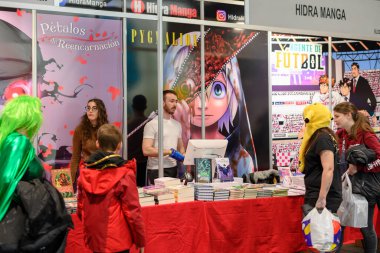 Madrid, Spain, February 11, 2023: Manga stand at Japan Weekend event