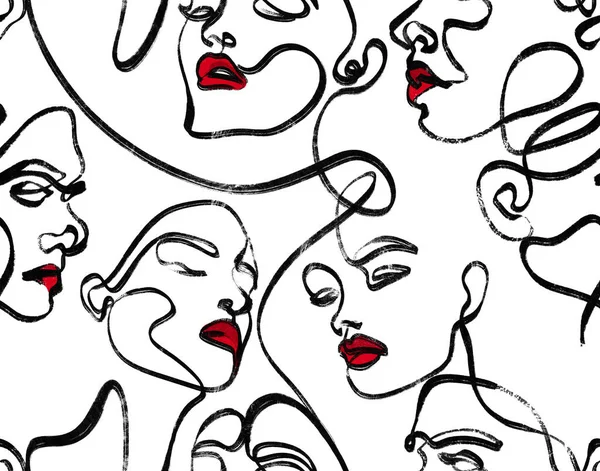 One line abstract face contours seamless pattern. Textile print pattern.