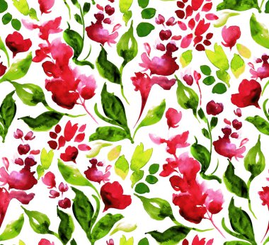 Suluboya çiçekler, yapraklar. Zarif bitkisel baskı, duvar kağıdı, arka plan. Kumaş ve giysiler için moda baskısını tekrarla.