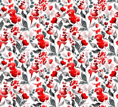 Suluboya çiçekler, yapraklar. Zarif bitkisel baskı, duvar kağıdı, arka plan. Kumaş ve giysiler için moda baskısını tekrarla.