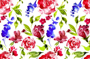 Suluboya çiçekler, yapraklar. Zarif bitkisel baskı, duvar kağıdı, arka plan. Kumaş ve giysiler için moda baskısını tekrarla.