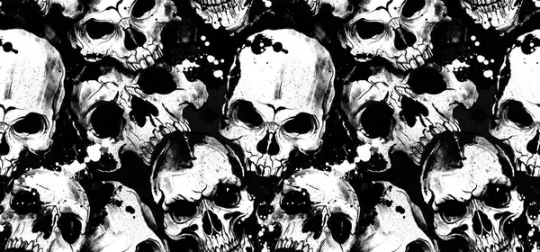 Hand draw skull pattern. Black and white pattern illustration.