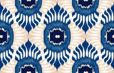 Geometrik Ikat etnik tasarımı. Kabilesel, halk nakışı soyut dalga sanatında kusursuz desen. Süs izi. Duvar kağıdı, halı, giysi, moda, kumaş için Ikat Tasarımı.