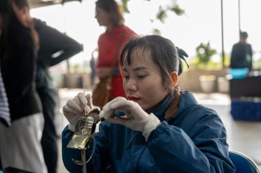 A Vietnamese woman working at the Tung Sau pearl farm in Halong Vietnam Asia clipart