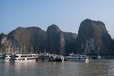 Halong Körfezi 'nde, Tonkin Körfezi' ndeki kireçtaşı kayalıkları ve tekneleri olan Halong Vietnam 'ın kuzeyinde, Asya' da.
