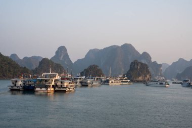 Halong Körfezi 'nde, Tonkin Körfezi' ndeki kireçtaşı kayalıkları ve tekneleri olan Halong Vietnam 'ın kuzeyinde, Asya' da.