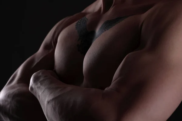 Muscular male body. Chest , shoulder muscles , biceps close up. Weight lifting concept