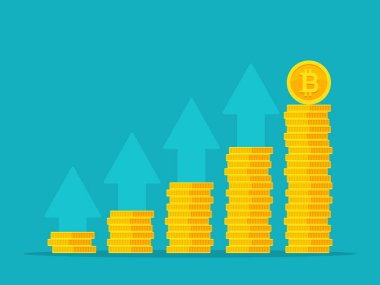 Bitcoin büyüme konsepti. Altın para yığınları gelir grafiği ve bitcoin gibi. Renkli arkaplanda izole edilmiş vektör illüstrasyonu