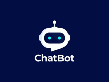 Sohbet robotu logosu tasarımı. Sanal akıllı asistan robot simgesi. Konuşma baloncuklu robot kafası. Müşteri destek servisi Chat Bot. Vektör illüstrasyonu