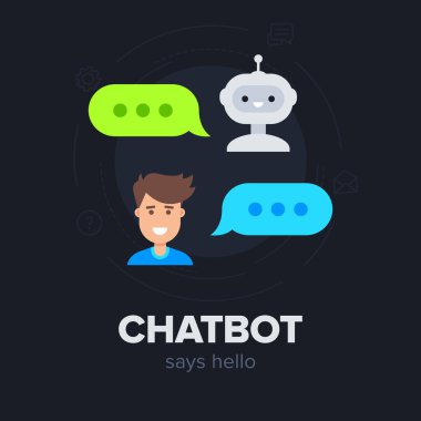 Chatbot konsepti. Şirin gülümseyen robot genç adamla sohbet ediyor. Robotlar ve konuşma baloncuklu insan avatarları. Müşteri desteği konsepti. Düz modern tarzda vektör illüstrasyonu
