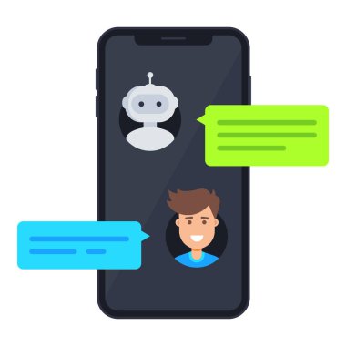 Chatbot konsepti. Adam akıllı telefondan sohbet robotu ile konuşuyor. Telefon kuryesi konsepti. Mesajla çevrimiçi konuşma. Beyaz arkaplanda izole edilmiş vektör düz illüstrasyon