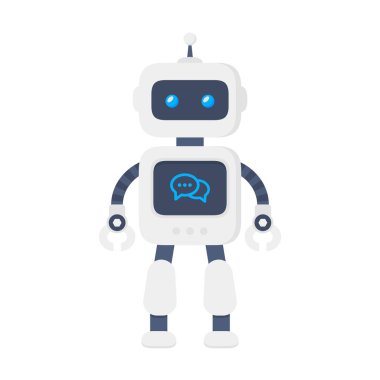 Düz dizayn edilmiş robot vektör çizimi. Tatlı çizgi film sohbet robotu konsepti. Modern düz stil robot sembolü. Geleceğin akıllı asistan robotu. Vektör modern karakter illüstrasyonu