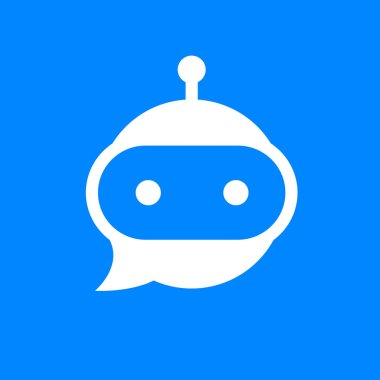 Chatbot simgesi. Robot tabela tasarımı. Sohbet robotu logosu. Konuşma balonunda robot kafası. Çevrimiçi müşteri destek robotu. Modern düz çizim mavi arkaplanda izole edildi