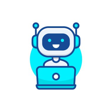 Chatbot simgesi. Laptopun arkasında çalışan sevimli bir robot. Modern robot tabelaları. Gülümseyen müşteri hizmetleri robotu. Düz çizgi biçim vektör çizimi beyaz arkaplanda izole edildi