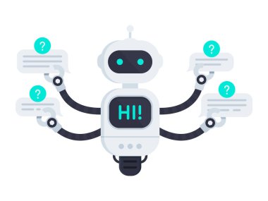 Robot beyazda izole edildi. Sohbet robotu konuşma baloncukları tutar. Bot ekranda merhaba diyor ve tekil bir tekerleği var. Müşteri desteği sohbet robotu. Düz vektör illüstrasyonu